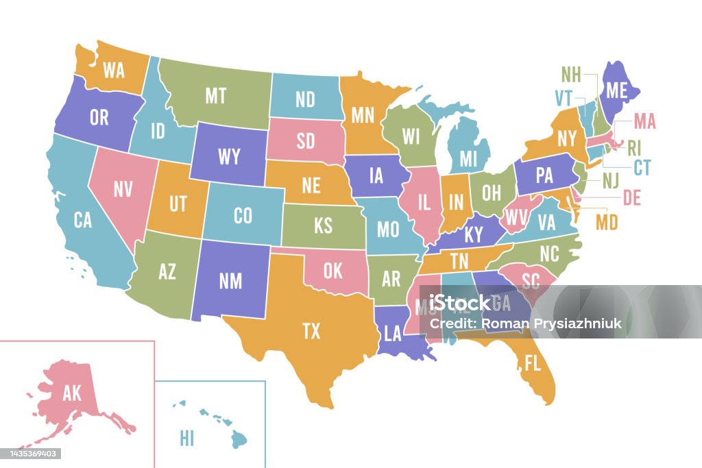 Ilustración de Mapa De Eeuu Con Nombres De Estados Abreviados Cartografía  De Estados Unidos De América Con Estados De Color Vector y más Vectores  Libres de Derechos de Aislado - iStock