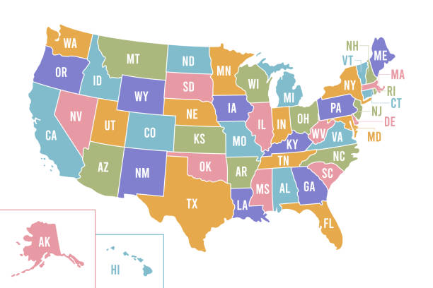 ilustraciones, imágenes clip art, dibujos animados e iconos de stock de mapa de ee.uu. con nombres de estados abreviados. cartografía de estados unidos de américa con estados de color. vector - americano
