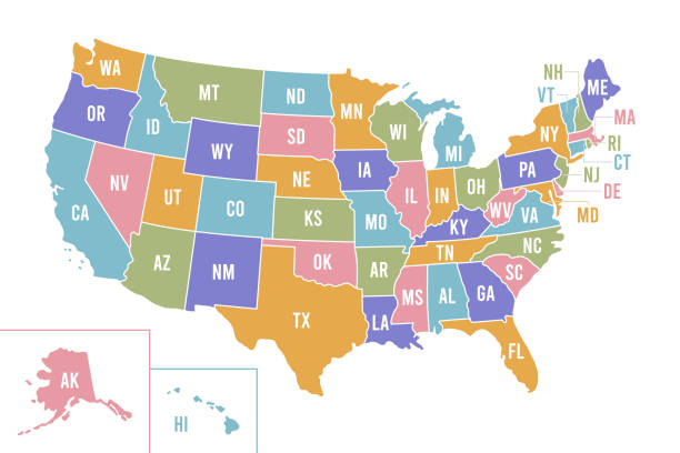 illustrazioni stock, clip art, cartoni animati e icone di tendenza di mappa usa con nomi di stato abbreviati. cartografia degli stati uniti d'america con stati colorati. vettore - mid atlantic usa