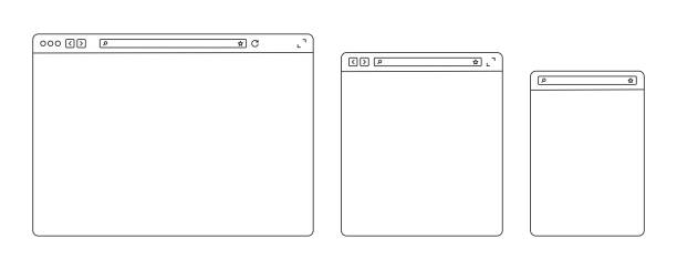 Browser window template in  line design. Blank web page with toolbar and search. Web window for PC, tablet, laptop and smartphone. Browser or app mockups. Browser window template in  line design. Blank web page with toolbar and search. Web window for PC, tablet, laptop and smartphone. Browser or app mockups. Vector. wire frame model stock illustrations