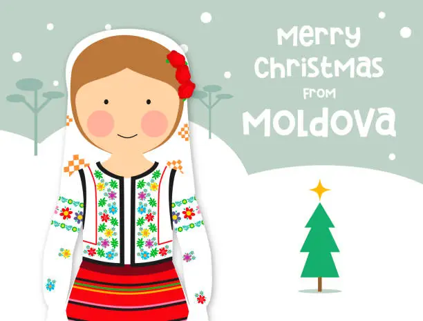 Vector illustration of Christmas greeting card traditional costume girl Moldova