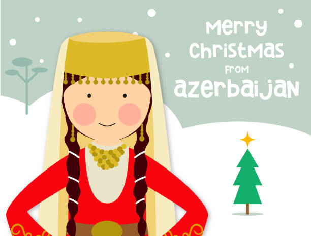 Christmas greeting card traditional costume girl Azerbaijan Christmas greeting card with Azerbaijani girl in traditional costume. Vector file with elements grouped in different layers for easy edition. azerbaijani culture stock illustrations