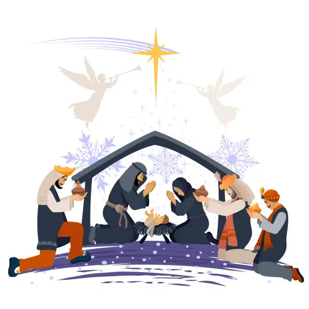 Vector illustration of Christmas night. Birth of Jesus. Three wise men.