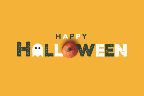 istock Happy Halloween Text Illustration Greeting Card with Pumpkin and Ghost Over Yellow Orange Background 1435373628