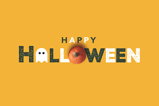 Happy Halloween Text Illustration Greeting Card Design with Pumpkin and Ghost Over Yellow Orange Background