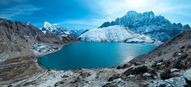The beautiful view of Lake Gokyo, Mountains Amadablam and Everest covered with snow