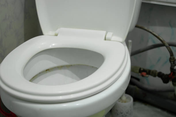 dirty white toilet bowl in the bathroom close-up, bathroom stock photo