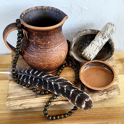 Tibetan singing bowl in front of a tree trunk