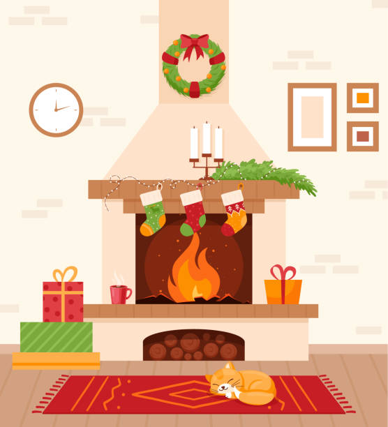 Christmas room with fireplace Fireplace. Vector illustration of Christmas room with fireplace, socks, candle, light bulb, gifts and wreath. Winter holiday decoration. Cozy 
house interior. New Year and Xmas festive atmosphere homemade gift boxes stock illustrations