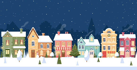 Winter city street. Vector Christmas town with colorful houses, falling snow, trees, snowman, festive garlands. Snowy night village landscape. Cityscape. Happy Holidays banner for New year and Xmas
