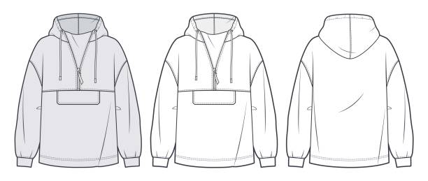 unisex hoodie technische modeillustration. oversize sweatshirt, anorak mode flache technische zeichnungsschablone, reißverschluss, tasche, vorder- und rückansicht, weiß, grau, damen, männer, unisex cad mockup set. - fleece coat stock-grafiken, -clipart, -cartoons und -symbole