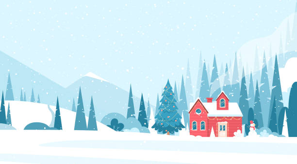 ilustraciones, imágenes clip art, dibujos animados e iconos de stock de paisaje de bosque de invierno  - winter snow landscape house