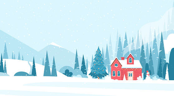 Winter landscape. Vector illustration of forest landscape with winter house, snowman, pines, snowy mountains, christmas trees. Small village in Xmas day. Happy Holidays greeting card, postcard