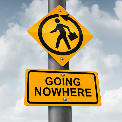 Going nowhere business concept and wasting time as a sign with a businessman that has a path that is circular  representing career stagnation or a business stuck with no progress with 3D illustration elements.