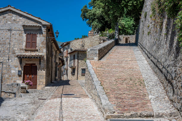 Beautiful streets with stone buildings in the historic center of Civitella del Tronto stock photo