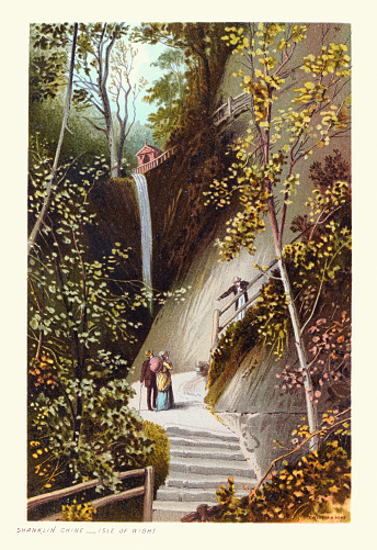 Vintage illustration Shanklin Chine, a geological feature and tourist attraction in the town of Shanklin, on the Isle of Wight, Victorian 19th Century