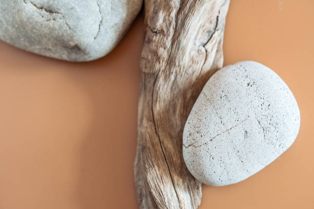 istock Mockup composition for advertising made with stones and weathered snag on a sandy background with copy space. 1435385086