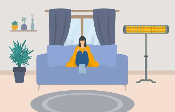Vector illustration of Young Woman Wrapped In Blanket, Sitting On Couch.Electric Heater In Living Room