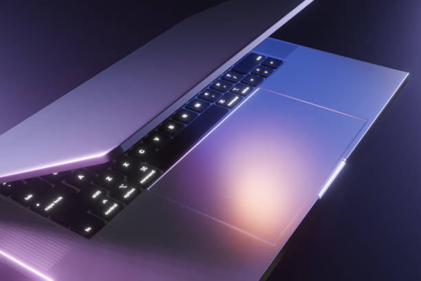 istock Silver laptop under purple neon lights on dark background. Illustration produced as design elements and background 1435391738