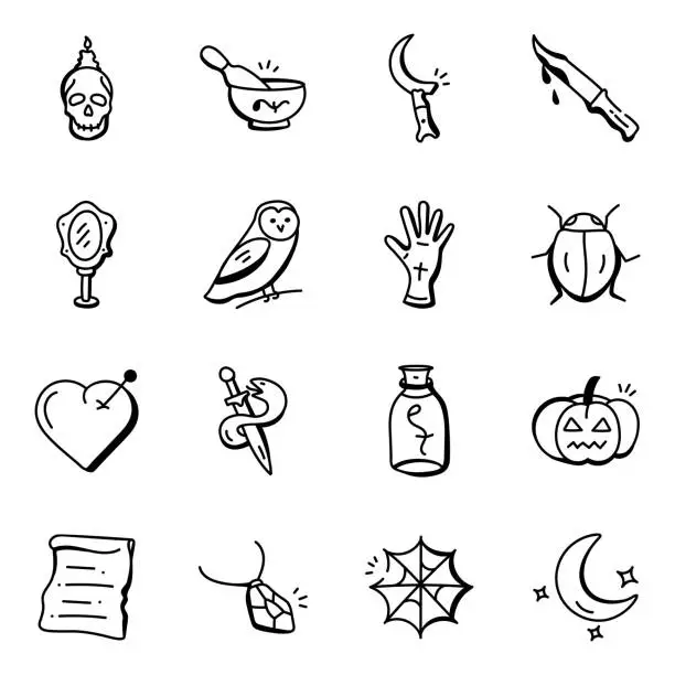 Vector illustration of Set of Witchcraft Hand Drawn Icons