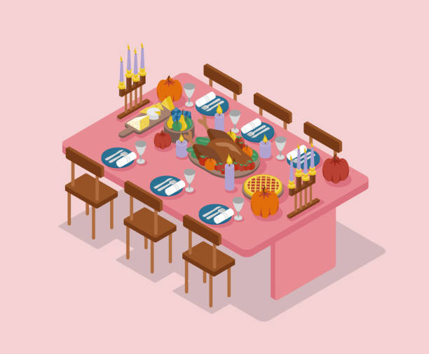 thanksgiving day, thanksgiving table isometric vector - thanksgiving dinner plate food stock-grafiken, -clipart, -cartoons und -symbole