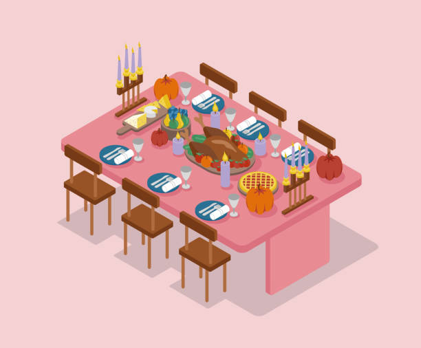 день благодарения, таблица благодарения изометрический вектор - thanksgiving dinner plate food stock illustrations