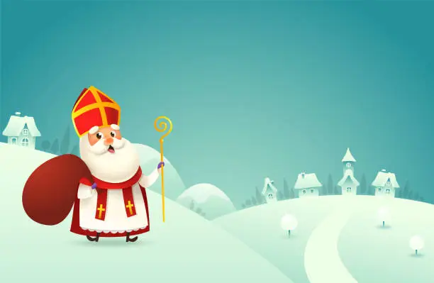 Vector illustration of Happy Saint Nicholas day - winter scene greeting card or banner on turquoise background