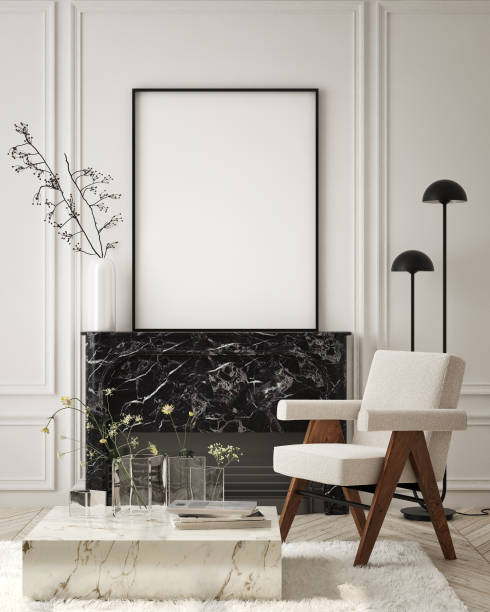 mock up poster frame in modern interior background, living room, Contemporary style, 3D render, 3D illustration