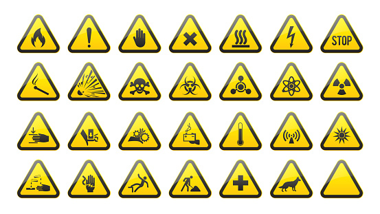 Set of Triangular Warning Hazard Signs. Danger icons collection. Poison, toxic, biohazard caution and other symbols in yellow triangle. Vector illustration