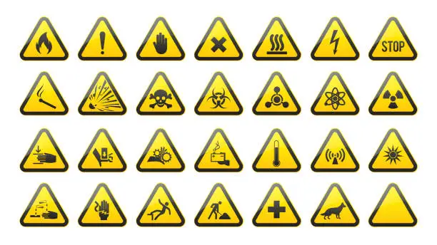 Vector illustration of Set of Triangular Warning Hazard Signs. Danger icons collection. Poison, toxic, biohazard caution and other symbols in yellow triangle. Vector illustration