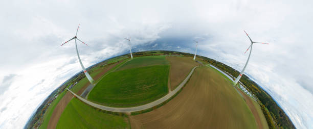 istock rural landscape with the power generating wind turbines (360-degree aerial panorama) 1435402853
