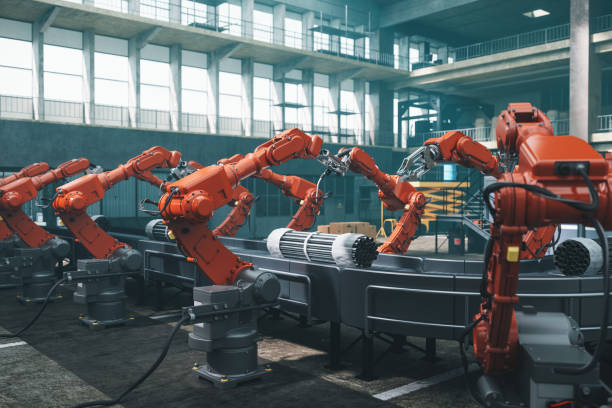 trabajadores robot en fábrica - fila arreglo fotografías e imágenes de stock
