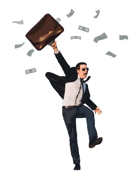 Vector illustration of Happy joyful businessman (manager) runs and raises a suitcase full of money in his hand. Flying dollars banknotes. The concept of winning the lottery or jackpot. Cartoon vector illustration. isolated.