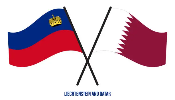 Vector illustration of Liechtenstein and Qatar Flags Crossed And Waving Flat Style. Official Proportion. Correct Colors.
