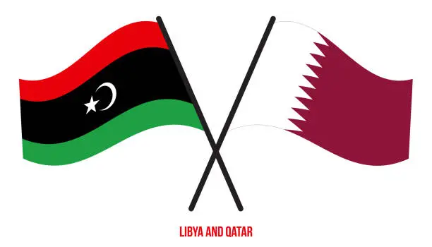 Vector illustration of Libya and Qatar Flags Crossed And Waving Flat Style. Official Proportion. Correct Colors.