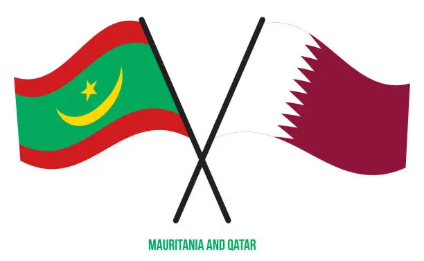 Vector illustration of Mauritania and Qatar Flags Crossed And Waving Flat Style. Official Proportion. Correct Colors.