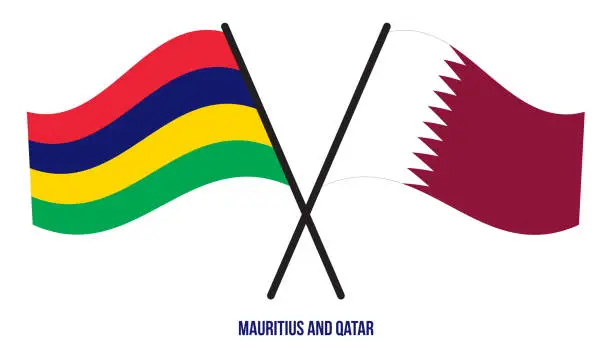Vector illustration of Mauritius and Qatar Flags Crossed And Waving Flat Style. Official Proportion. Correct Colors.