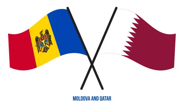 Vector illustration of Moldova and Qatar Flags Crossed And Waving Flat Style. Official Proportion. Correct Colors.