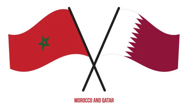 Vector illustration of Morocco and Qatar Flags Crossed And Waving Flat Style. Official Proportion. Correct Colors.