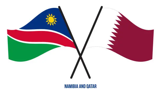 Vector illustration of Namibia and Qatar Flags Crossed And Waving Flat Style. Official Proportion. Correct Colors.