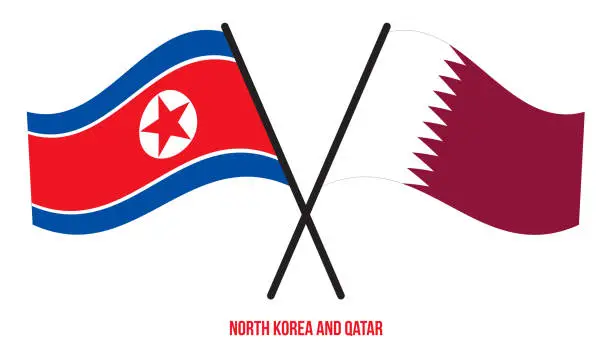 Vector illustration of North Korea and Qatar Flags Crossed And Waving Flat Style. Official Proportion. Correct Colors.
