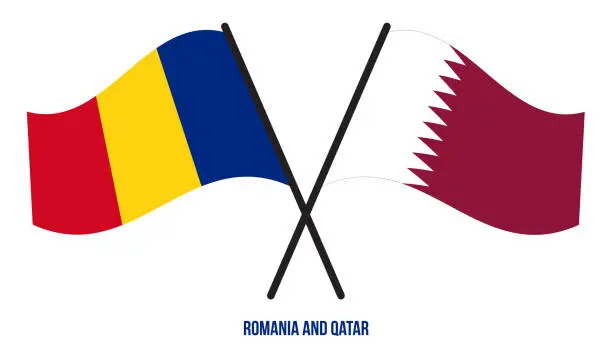 Vector illustration of Romania and Qatar Flags Crossed And Waving Flat Style. Official Proportion. Correct Colors.