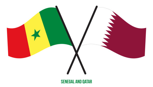 세네갈과 카타르 국기가 교차하고 평평한 스타일을 흔들었습니다. 공식 비율. 올바른 색상. - qatar senegal stock illustrations