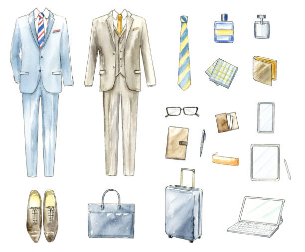 Watercolor illustration of men's suit and accessory set Watercolor illustration of men's suit and accessory set mens clothing stock illustrations