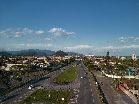 Bogota, Colombia - February 2, 2014: View of sunny Bogota center with the Santamaria bullring and the Andes mountains in the background 