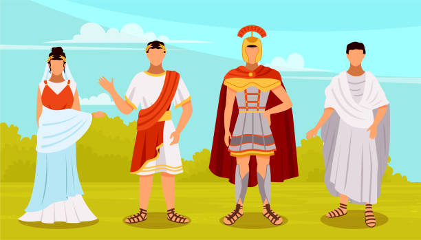 stockillustraties, clipart, cartoons en iconen met citizens of ancient rome in traditional costumes set, legionary, roman woman, plebeian, emperor - toga