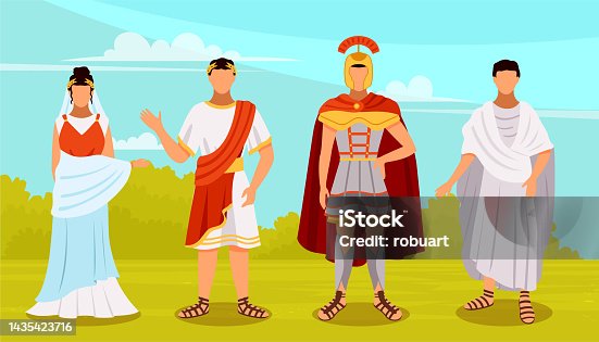 istock Citizens of ancient rome in traditional costumes set, legionary, roman woman, plebeian, emperor 1435423716