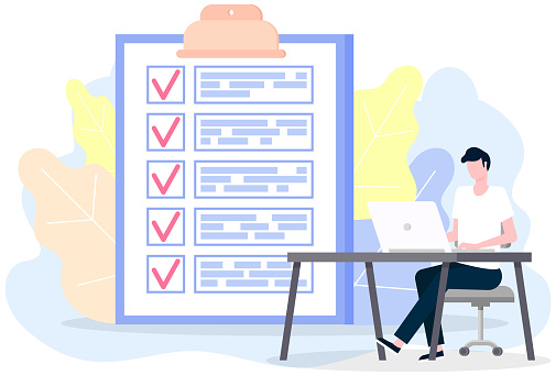 Task Checklist Computer Image Male Character With Checklist Task Planner Program On Computer Man Sits ...