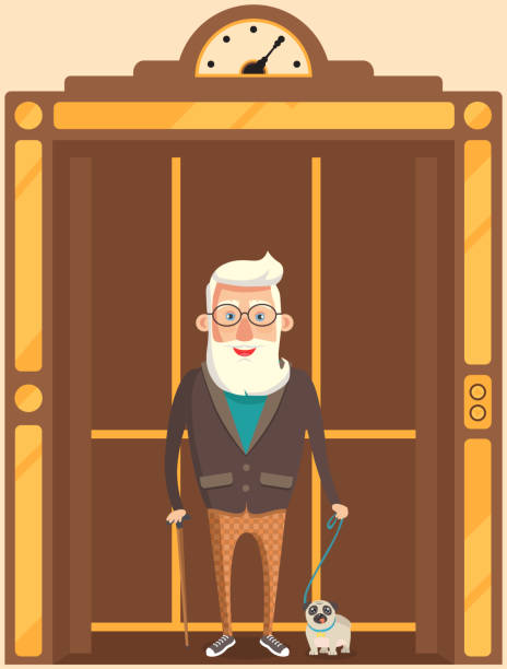 개를 가진 노인은 복고풍 엘리베이터에 서 있습니다. 건물에서 사람들을 수송하기위한 값 비싼 리프트 - petr pavel stock illustrations