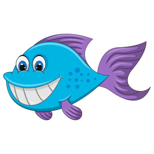 ilustrações de stock, clip art, desenhos animados e ícones de blue fish with purple fin and big teeth cartoon vector illustration - animals and pets isolated objects sea life